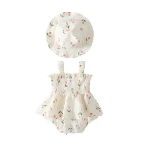3-18 Months Infant Baby Girl 2Pcs Summer Outfits Sleeveless Floral Print Smocked Romper Dress with Sun Hat Set