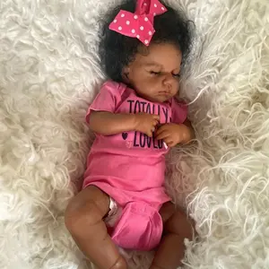 Real Hand Rooted Curly Hair Newborn Dolls, Dark Brown Skin, Soft Touch Handmade Dolls for Halloween/Thanksgiving/Christmas Gifts reborn baby Plush
