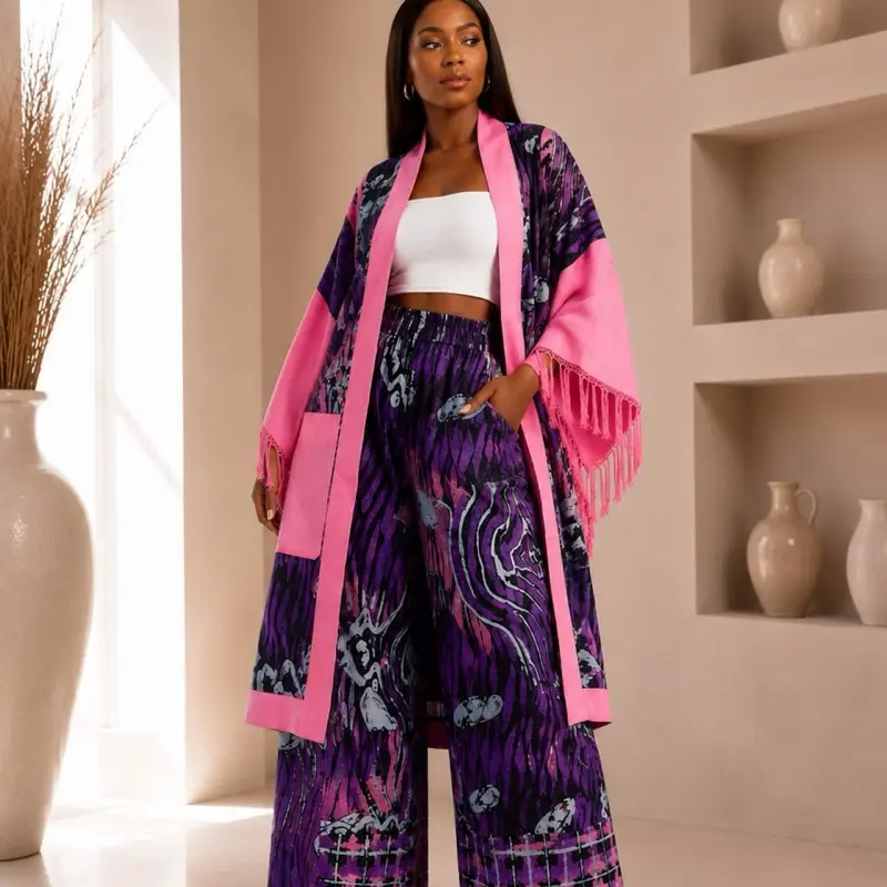 Women's 2-Piece Luxe Kimono Suit, Breathable Loose-Fitting Abstract Print Jacket & Pants, Modern African Clothes for Stylish Outfits