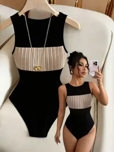 Women's 2026 Summer New European Style Sleeveless Vest, Round Neck Patchwork Silk Net Mesh One-Piece Top Jumpsuit, Fashionable and Comfortable, Womenswear