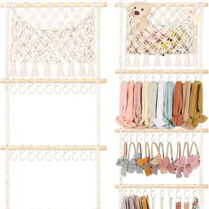 Bohemian Wood Hand-Woven Hair Accessory & Hairpin Storage Rack with Hooks, Cotton Rope Tapestry with Tassels, Home Wall Hanging Decoration, Baby Shower Gift