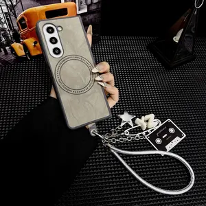 Magnetic Sheepskin Phone Case for Samsung Galaxy Zfold7 Zfold6 Zfold5 Z FOLD3 4 , Luxury Fashion Women's Cover with Card Holder & Bracelet Chain