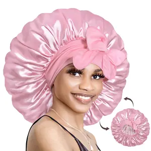 BONNET QUEEN Large Reversible Satin Bonnet for Curly Hair Double Layer Adjustable Nightcap with Elastic Tie Band for Women Pink Bn007-Pink-L Haircare