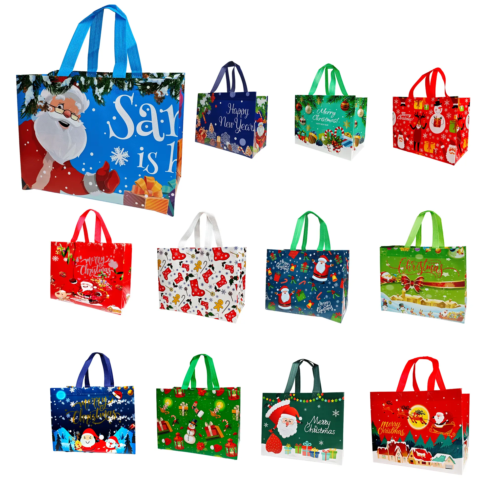 12 Pack Christmas Gift Bags with Handles, Reusable Non-Woven Tote Bags, Assorted Xmas Designs, Foldable Waterproof Shopping Bags for Christmas Gifts, New Year Decorations, Holiday Parties & Storage