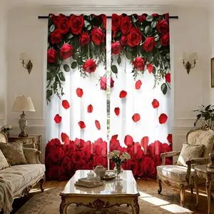 Two-Piece Curtain Set with Large Rose Flowers, Rose Cluster, Half-Privacy Curtains for Living Room, Bedroom, Dining Room, Home Decor, Window Curtain, Home Decoration Curtain