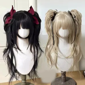 1pc Women'S Long Blonde Double Ponytail Wig with Bows - Heat-Resistant Synthetic Fiber Hair for Cosplay, Themed Events & Casual Attire | Natural-Looking Volume & Length | Easy Maintenance & Comfortable Fit | Anime/Manga Inspired Hairstyle |