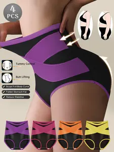 QUASTI Women's 4-Piece High-Waist Crossover Color Block Underwear Set - Polyester Fabric, Smooth, Breathable, Highly Elastic, Hip-Lifting, Tummy-Control Shaping Briefs, Comfortable Soft Basics, S-XXL, Suitable for Daily Wear summerwins