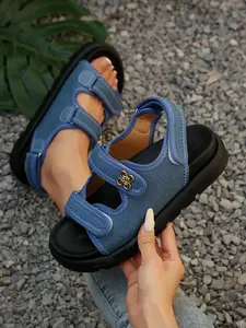 Women's Summer New Denim Blue Thick Sole Sandals, Korean Style Versatile Platform Shoes, Comfortable Casual Footwear for Daily Wear