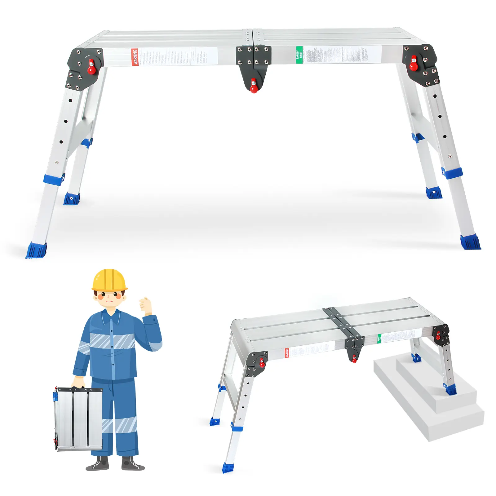 LEADALLWAY Aluminum Alloy Step Ladder (Step Stool), Compact Portable Work Platform with 4-Level Height Adjustment, Tool-Free Installation, Strong Stability, 33"(l)x12(w)x20(h) Foldable Design, 1-Touch Automatic Fold, 330 Lbs Capacity, Easy Transportation
