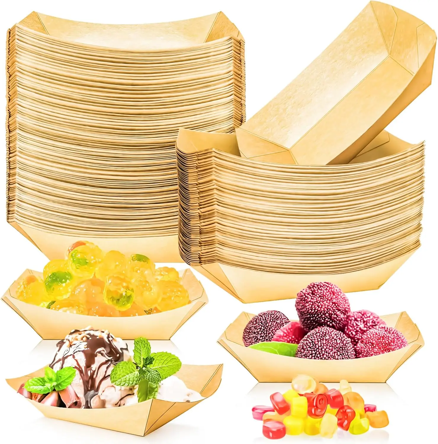 100 Pack 1/4Lb Paper Food Boat Trays Disposable Small Paper Boats Plates Containers, 0.25Lb Mini Kraft Food Serving Boat Tray Bowls for Snack Fries Dessert Popcorn Sauce BBQ Taco Nacho