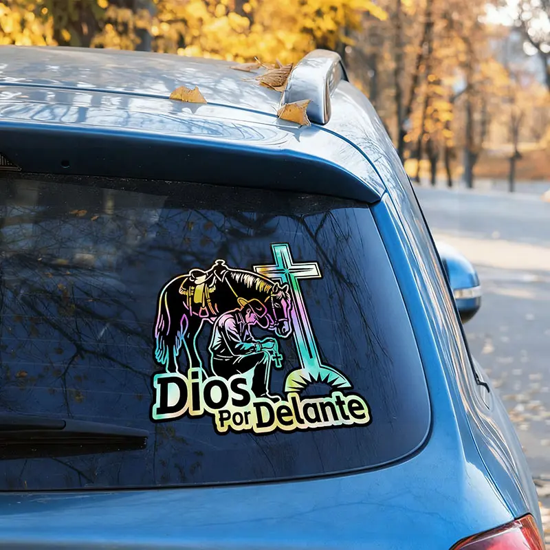 Christian Car Holographic Decal with Metal Cross Badge - "Dios Por Delante" Faith Design, 9.84in Large Size Universal Sticker for Cars, Premium UV-Resistant Exterior Window Bumper Side Decor tiktokshopspringglowup, Car Decals, Universal Car Sticker