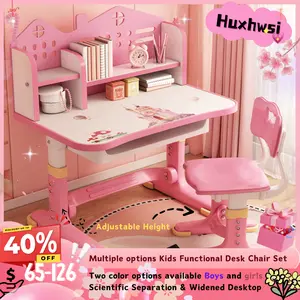 Cute Kids Bedroom Furniture, Huxhwsi 2-Piece Study Desk and Chair Set with Castle Print, Widened Desktop, Multi-Compartment, Adjustable Height, Drawer, Commercial/School Furniture