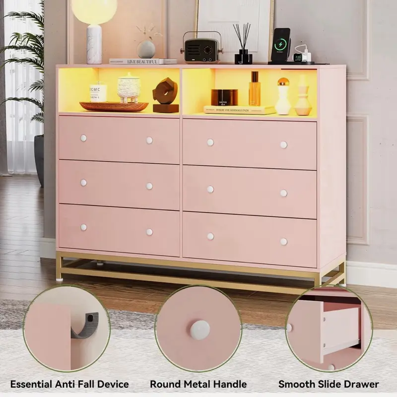 Vipbear - 6-Drawer Double Dresser with Power Outlet & LED Lights, Wide Storage Chest with Open Shelving - Black