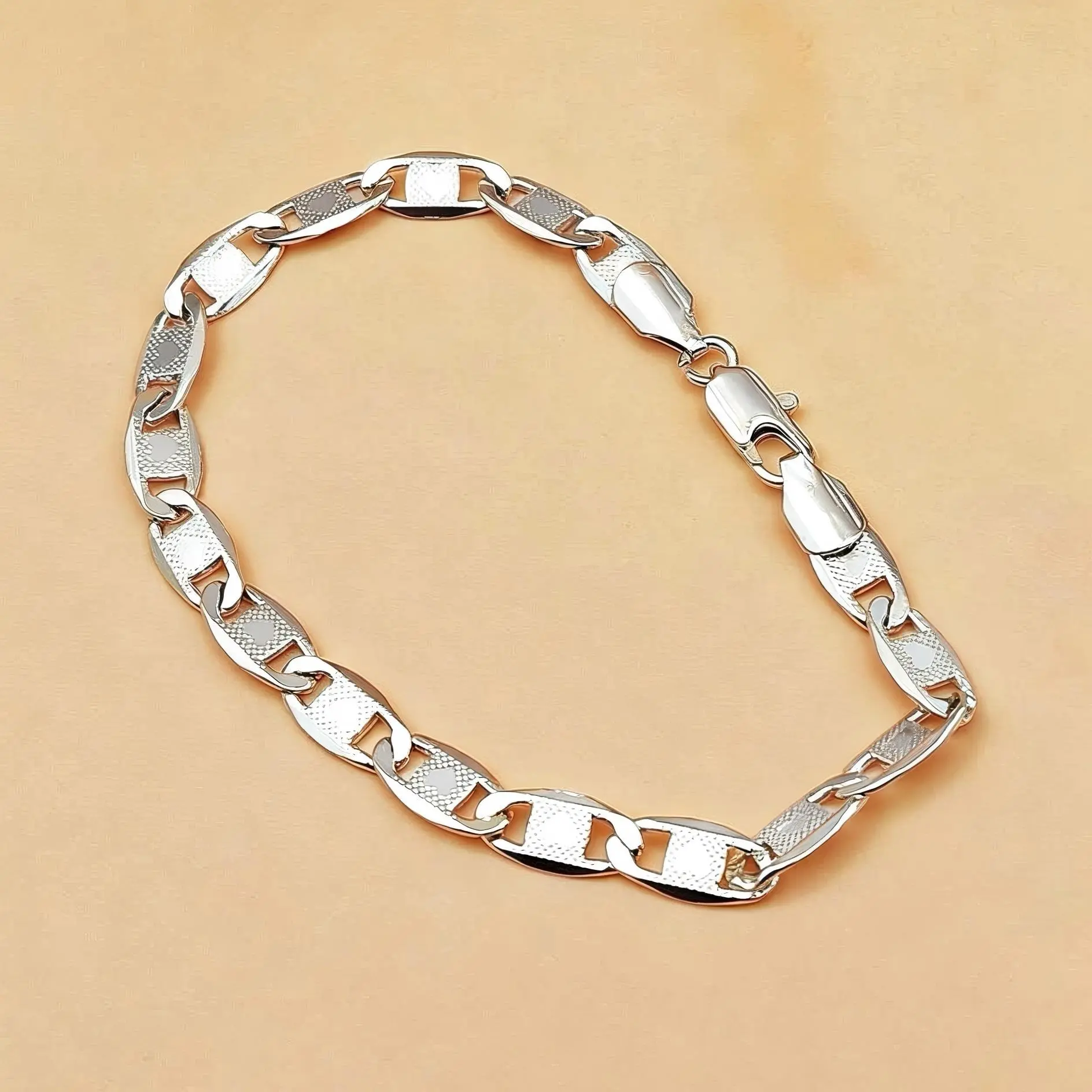 Silver Plated Thick-Link Figaro Bracelet - Matte Embossed Textured, Unisex, Tarnish-Resistant, Hip Hop Stackable Everyday Wear Gift, Bracelets Bangles, Link Bangle, Link Bangle Bracelet