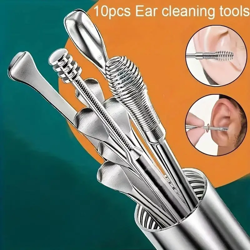 Stainless Steel Ear Wax Removal Tool Set, 10pcs Spiral Rotating Ear Picking Spoon & Ear Picker Spoon for Cleaning & Collecting Ear Wax, Earwax Removal Kit, Earwax Remover, Ear Canal Cleaner, Ear Cleaning Tools