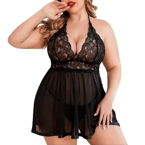 Avidlove Women Plus Size Hot Lingerie Lace Chemise Mesh Sleepwear Backless Halter V-neck Breathable Mesh Nightwear