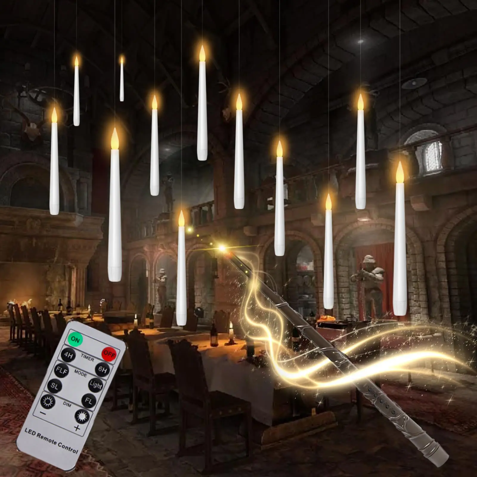 12 PCS Flameless Floating Candles with Wand & Remote,Hanging Taper Candles For Home Halloween Decoration