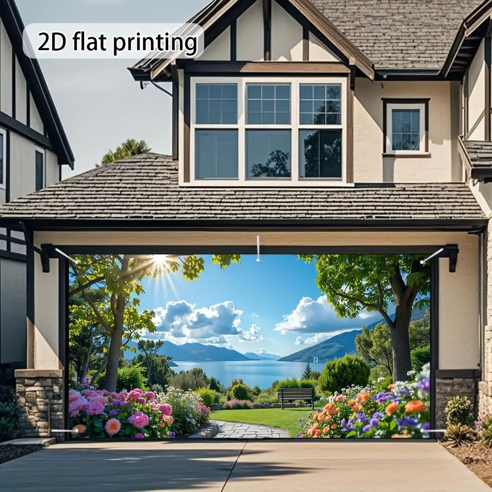 Vibrant Floral Print Garage Door Banner - 1pc 2D Flat Printing Outdoor Banner, Polyester Photo Backdrop, Easy Setup, No Electricity Needed, Durable Reusable Fabric for Weddings, Birthday Photo Booths, Outdoor Banners