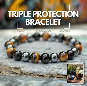 LOVSKAYA 8mm Unisex Handmade Stackable Non-Natural Crystal Bracelet - Ethically Sourced, Triple Protection with Tiger’s Eye, Hematite, Black Obsidian for Healing Energy, Outdoor Use, Bracelets
