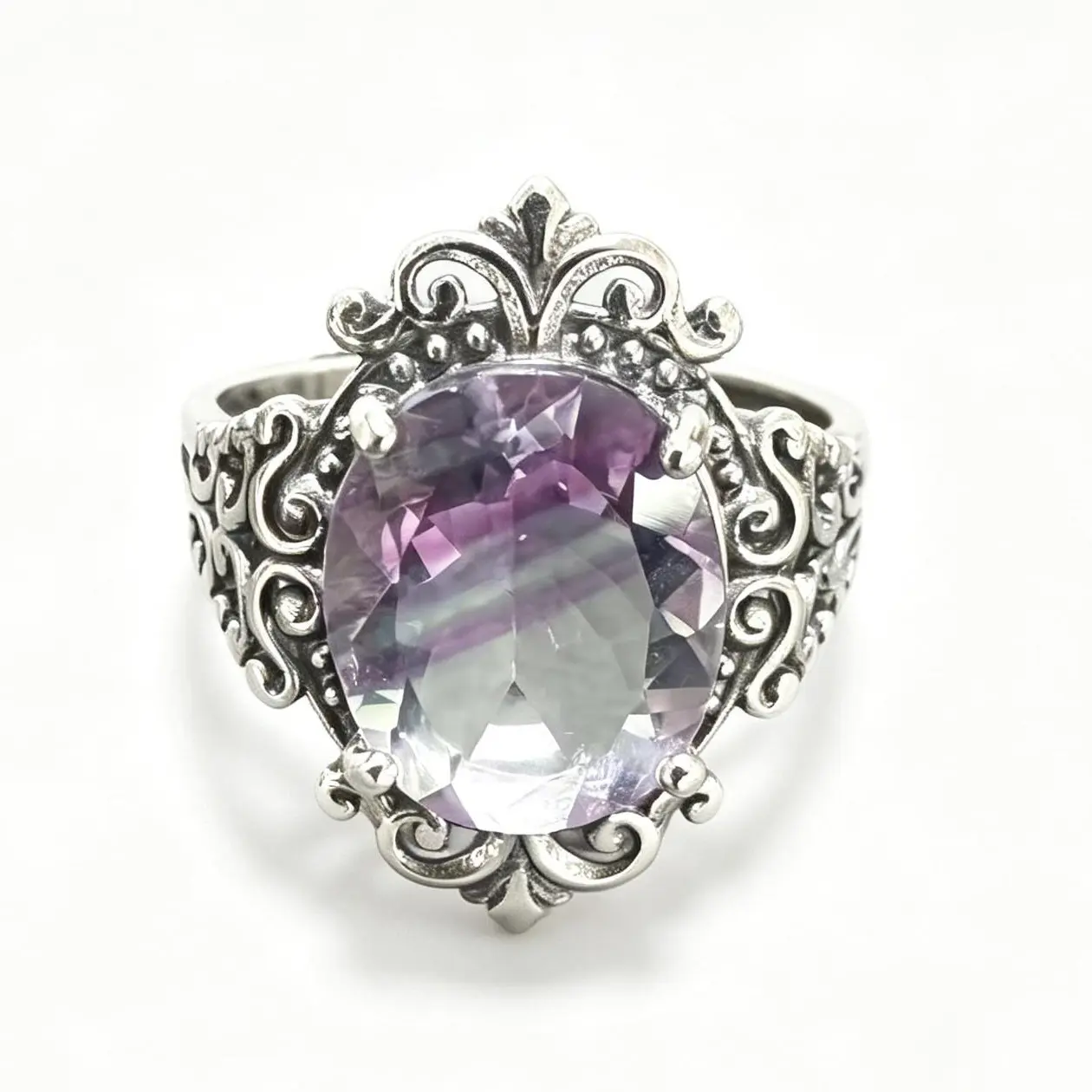 925 Sterling Silver Unisex Adjustable Filigree Scroll Ring - 12×10mm Oval Cut Natural Rainbow Fluorite, Bohemian Vintage Crystal Statement Ring for Birthday, Emotional Stress Relief, Natural Beauty, Anniversary