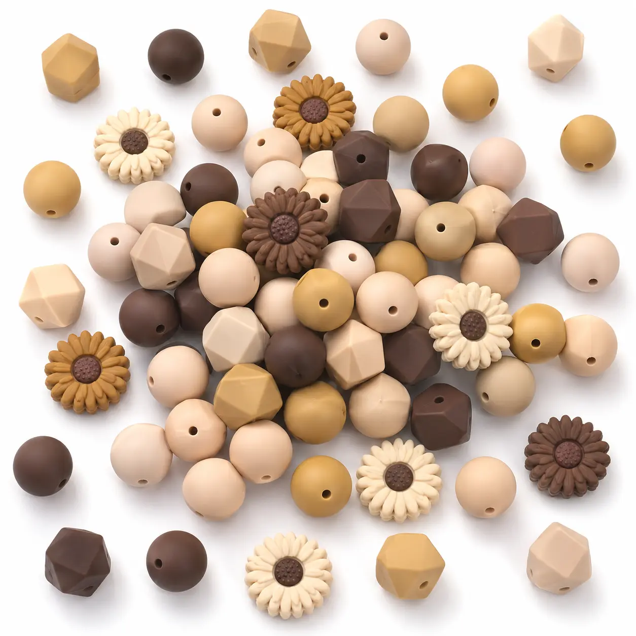 100-Piece Daisy Silicone Bead Mix in Neutral Brown and Beige, Assorted Round and Geometric Beads for DIY Keychains, Beadable Pens, Lanyards and Bag Charms handmade craft supply