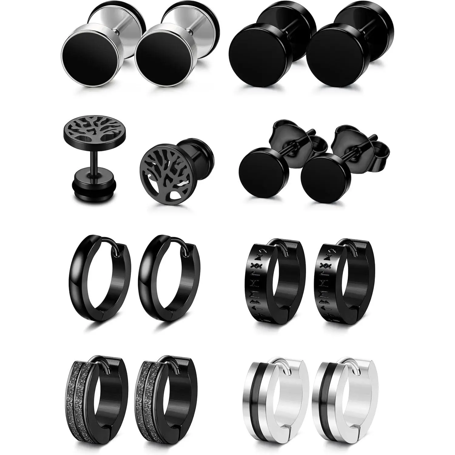 YADOCA 8 Pairs Mens Earrings Black Earrings for Men Stainless Steel Hypoallergenic Ear Piercing Black Hoop Earrings for Men Boys