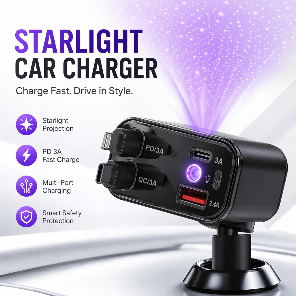 120W 4-in-1 Retractable Car Charger, Fast Charging Car Adapter with Dual Built-In USB-C & Lightning Cables, USB-C and USB-A Ports, 180° Adjustable Plug, Multi-Device Charger for iPhone, Android, Cars, SUVs, Trucks, Road Trips, Travel & Daily Commutes