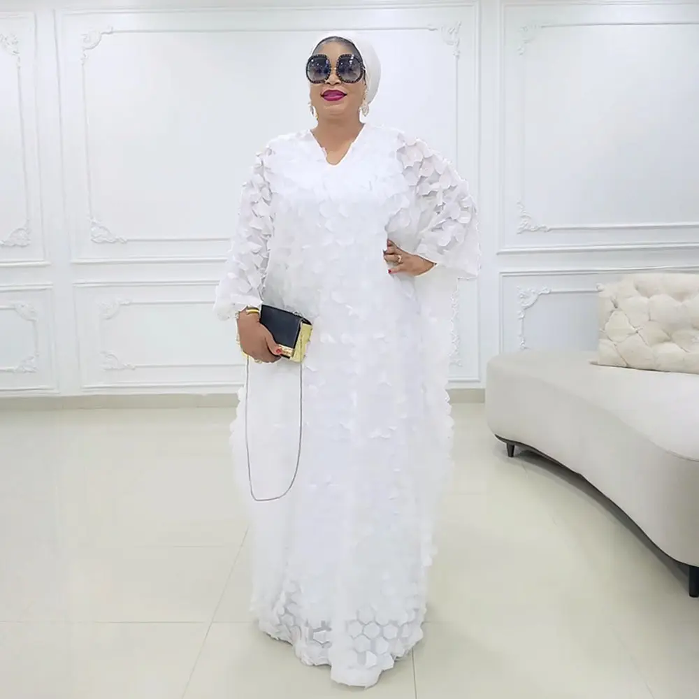 Women's White Minimalist Long Sleeve African Tunic Maxi Dress - Includes Headscarf, Modest Hip Dashiki Kaftan, Plus Size Basic Chic Robe for Summer Wedding Guests
