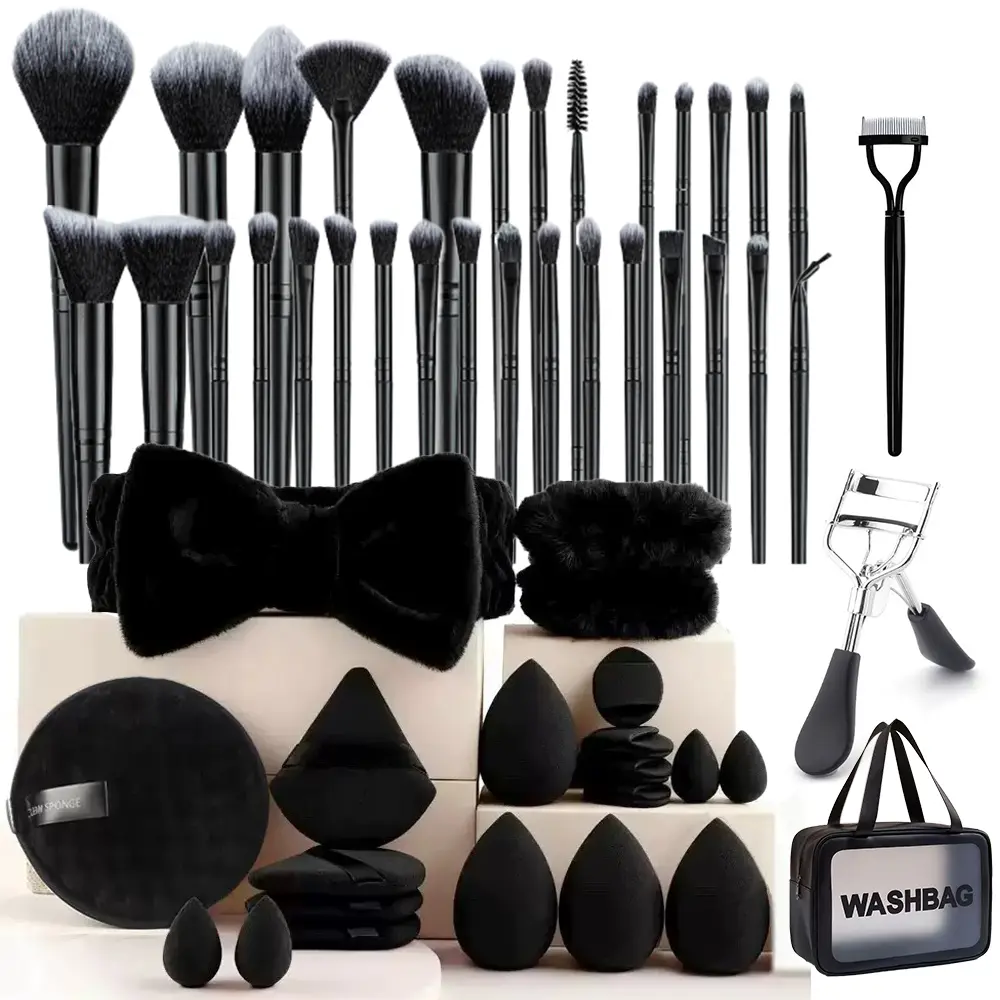 Women's 52-Piece Pro Makeup Brush Set with Plastic Storage Case, Durable,round top Cosmetic Tools Including Water Drop Finger Puff, Foundation Brush, Mini Cleansing Sponge Tapered Angled Blush Brush Set  Flawless Application, Gifts for sohochic stippling