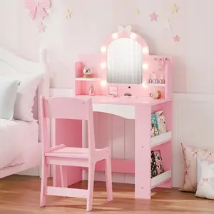Kids Vanity with Lights, Princess Makeup Vanity Table and Chair Set for Girls, Toddler Vanity Desk with Open Bookshelf, Storage Cabinet & Shelves, Stools Mirror