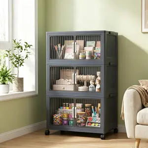 Multi Layer Stackable Foldable Storage Cabinet Transparent Vertical Strip Door Tool Free Installation Wheeled Movable Living Room Bedroom Kitchen Multiuse Shelf