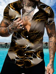 Flame Pattern Men's Collared Short Sleeve Shirt, Fashion Trendy Print Casual Top, Summer All-Match Style