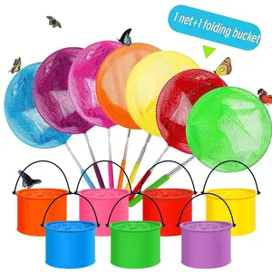 1 retractable fishing net+1 foldable bucket, suitable for outdoor fishing, shrimp and dragonfly, five adjustable sections, essential for camping or summer collection (random color), Fishing Gear Accessories