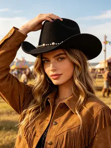 Western Style Cowboy Hat with Pearl Decoration, Unique Wide Brim Sun Hat, Fashionable Minimalist Accessory, Perfect for Parties and Daily Wear, Cowboy Accessories