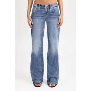 MissMe Gone Mayhem Slim Wide Jean - Mid-Rise Below the Ankle Denim with Embroidered Gothic Logo & Rhinestone Accents