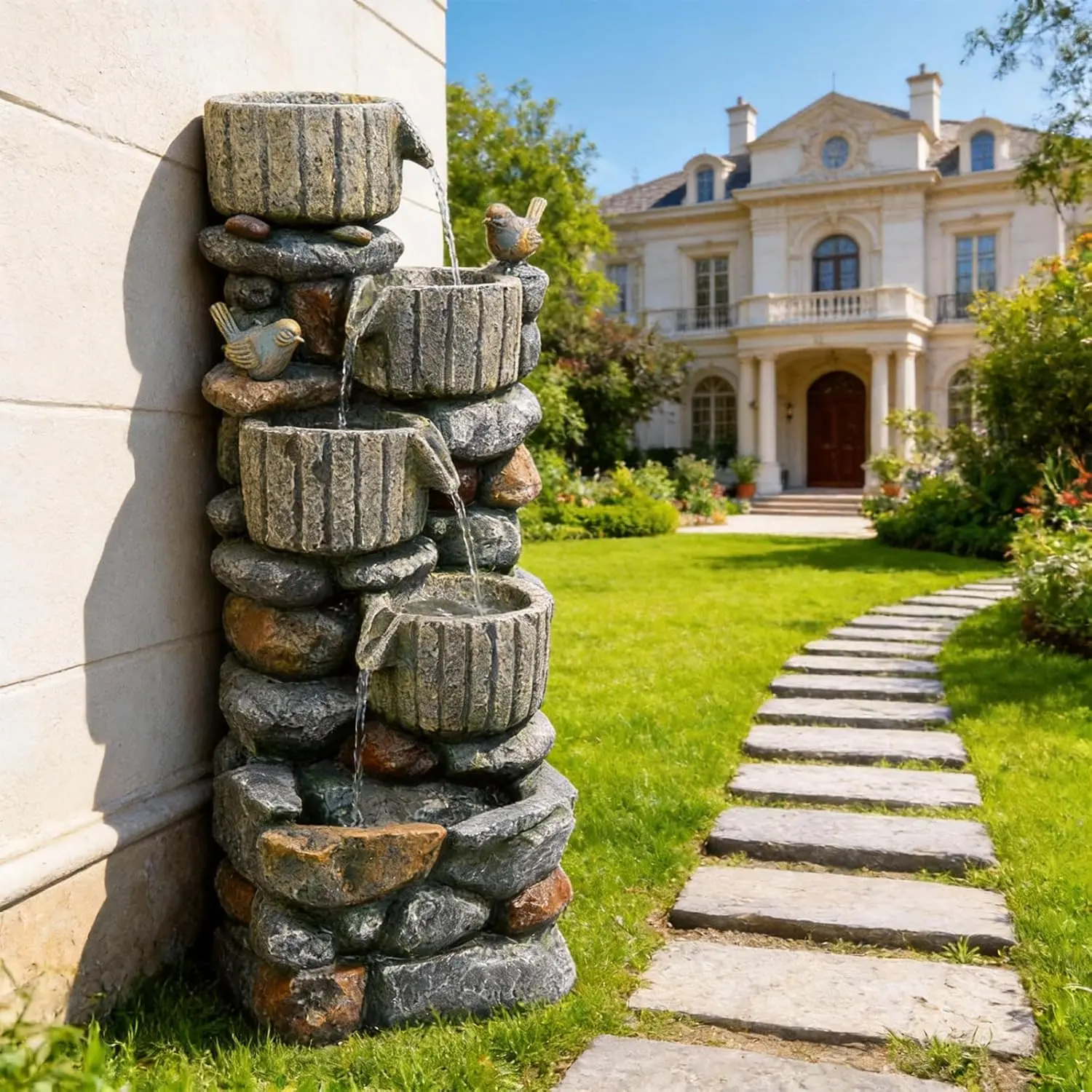 35.04'' H 5-Tier Cascading Rock Water Fountain with LED Lights Freestanding Indoor Outdoor Waterfall Fountain with Bird for Garden, Patio, Deck, Lawn and Home Decor
