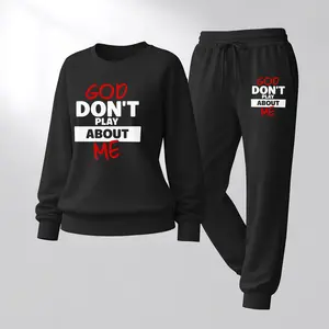 Women's "GOD" Letter Print Crewneck Sweatshirt and Drawstring Track Pants Set, Casual Sportswear, Long-Sleeve Round Neck Top and Pants, Suitable for Spring, Autumn and Winter, Everyday Wear