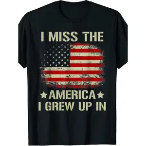 's Vintage American Flag T-Shirt - I Miss The America I Grew Up In Retro Distressed USA Flag Design, Comfortable Cotton Crew Neck Short Sleeve Tee, Regular Fit Casual Shirt with 50 Stars & Stripes (Black) for Nostalgic American