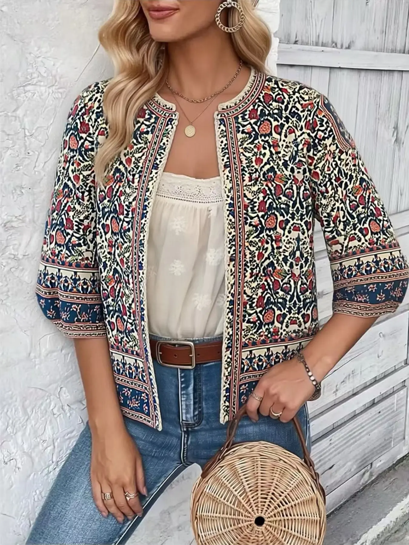 Celderio Women Retro Folk Print Kimono Cardigan Streetwear Lantern Half Sleeve Crew Neck Casual Loose Fit Top Clothing Clothes