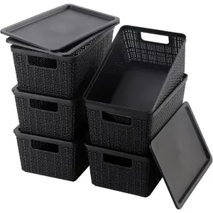 6 Pack Plastic Storage Baskets With LidsBlack Breathable Stackable Storage Bins Small Storage Containers for Organizing Storage Baskets on Desktops Closets Playrooms Classrooms Offices