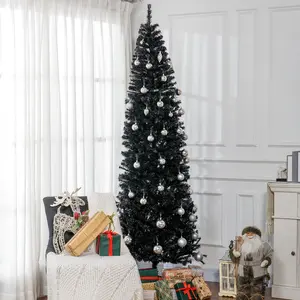 8 FT Black Pencil Artificial Christmas Tree with 1168 Realistic Tips, Metal Stand, Slim Space-Saving Design for Modern Minimalist Home, Apartment, Indoor Holiday Decor