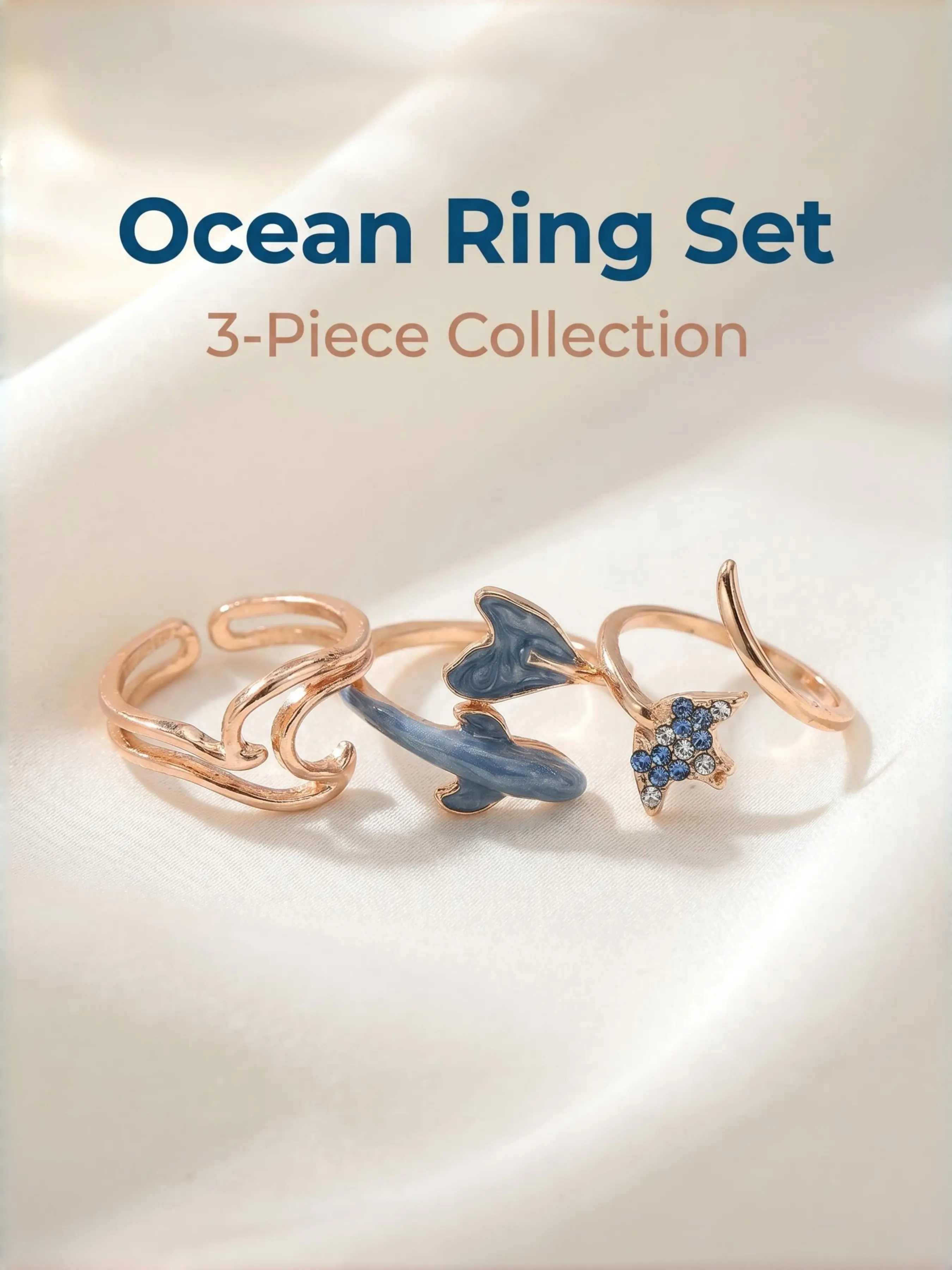 🐬 Ocean Themed Enamel Jewelry Open Ring Set 3Pcs Sparkly Dolphin Manta Wave Adjustable Rings Stackable Finger Rings 💍