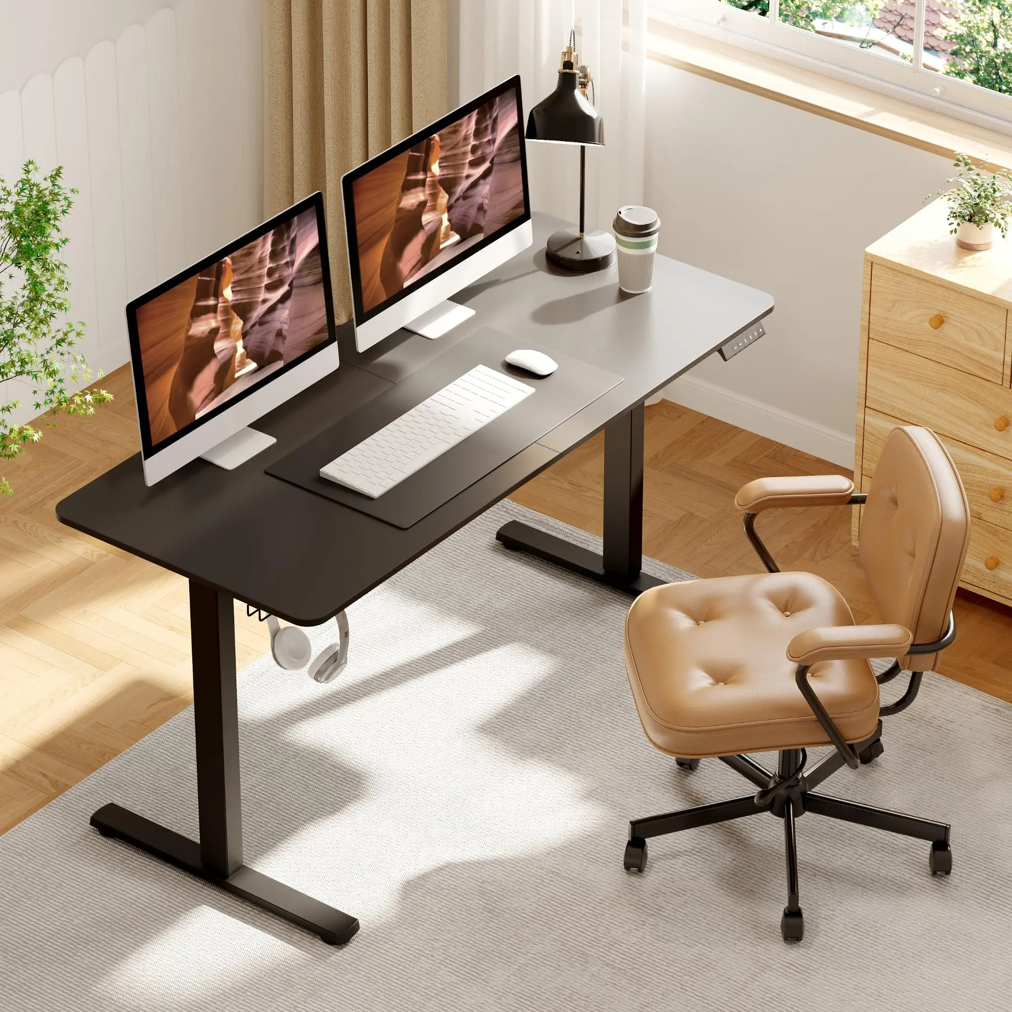 Electric Height-Adjustable Standing Desk - 63''x24'' Black Spliced Wood Top, Black Frame, Ergonomic Home Office Workstation with LED Display, Memory Preset for Computer & Study Use