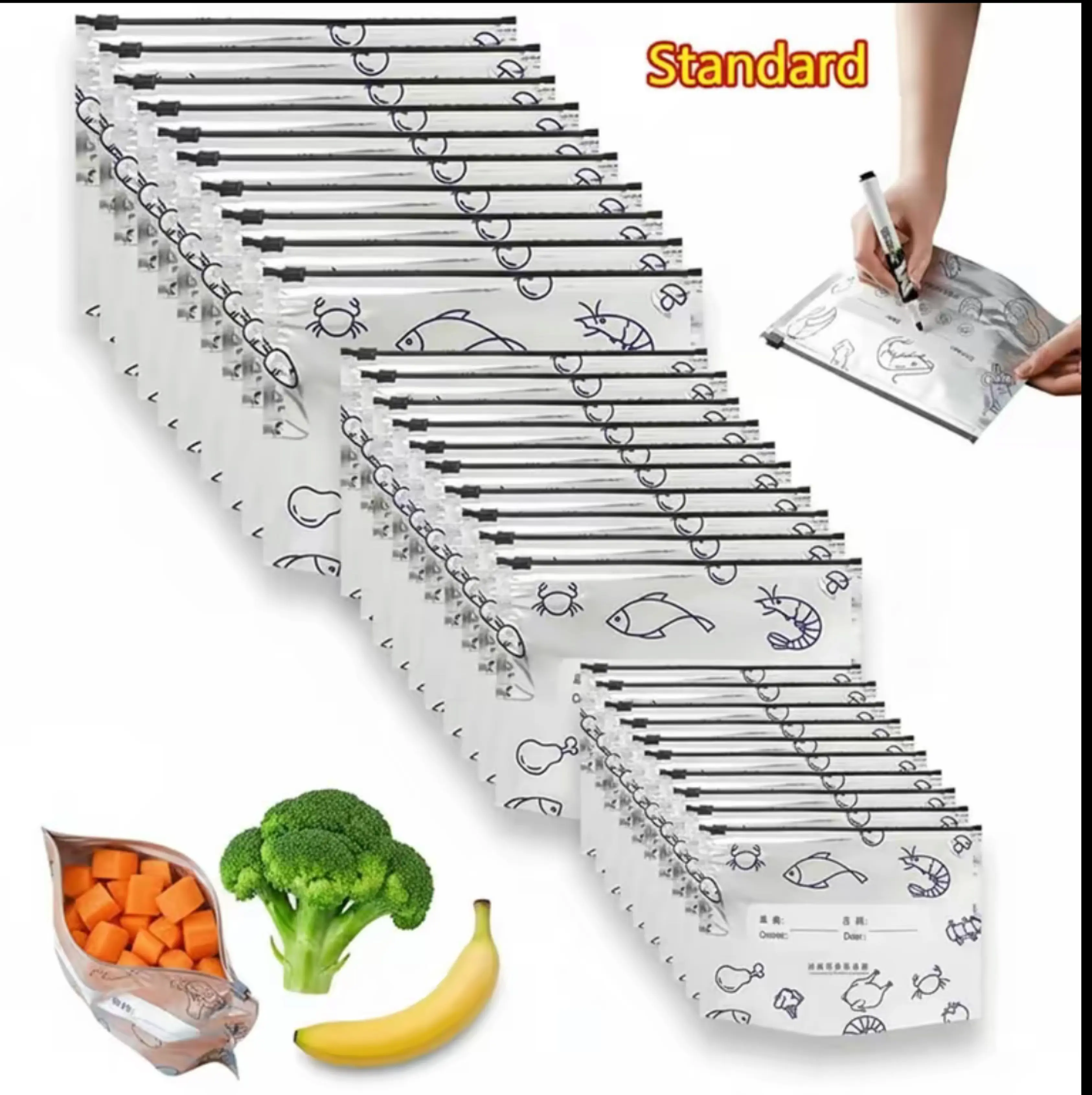 New reusable upgraded thickened upright aluminum foil sealing storage bags, with labels and zipper locks, suitable for washable kitchen items like vegetables, fruits, and meat