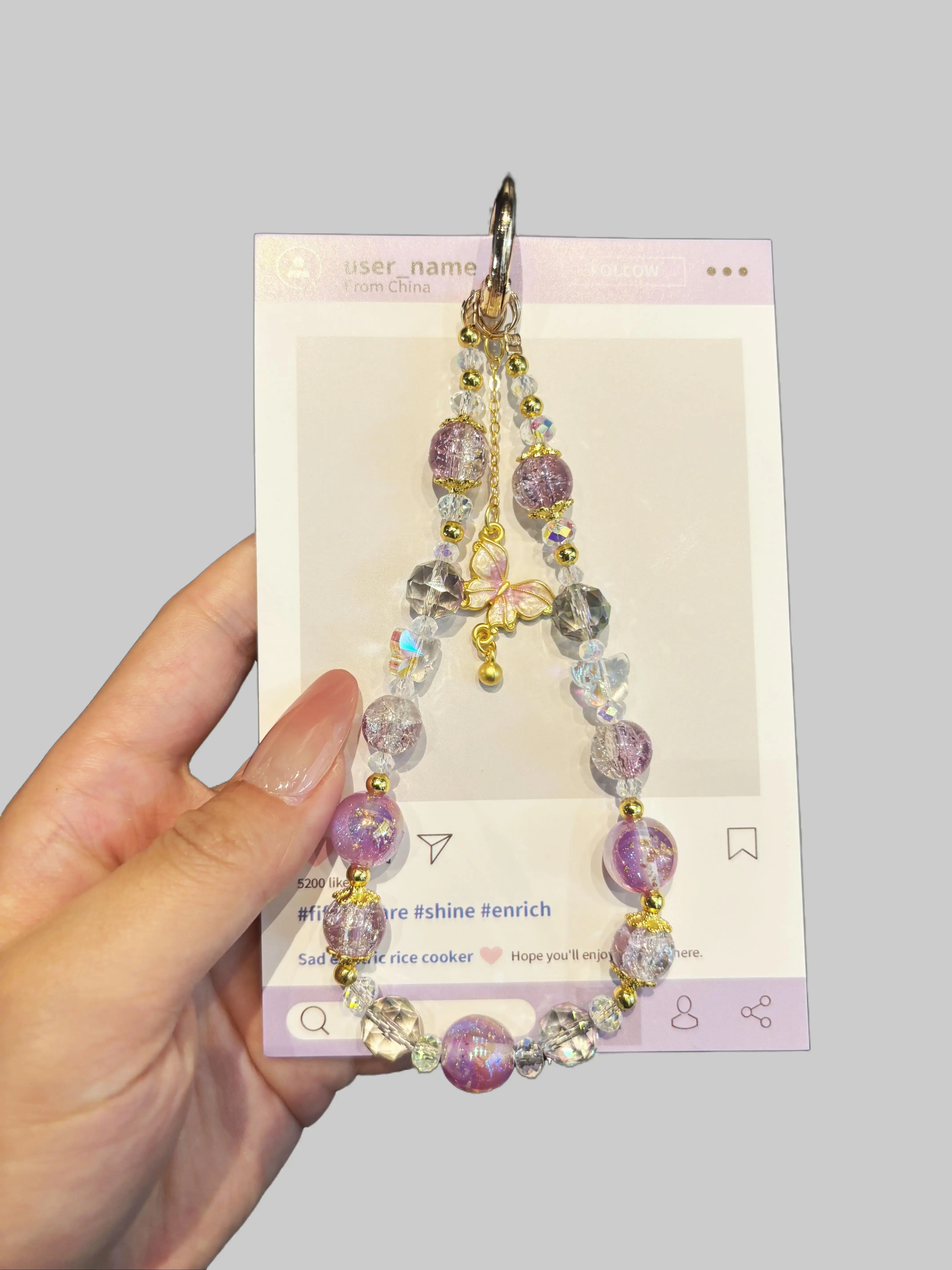 Women's Durable Beaded Butterfly Phone Strap & Charm with Stainless Steel Clip - Anti-Theft Plastic Lanyard Wrist Strap, 3D Purpleblue & White Crystal Butterfly Cellphone Accessory