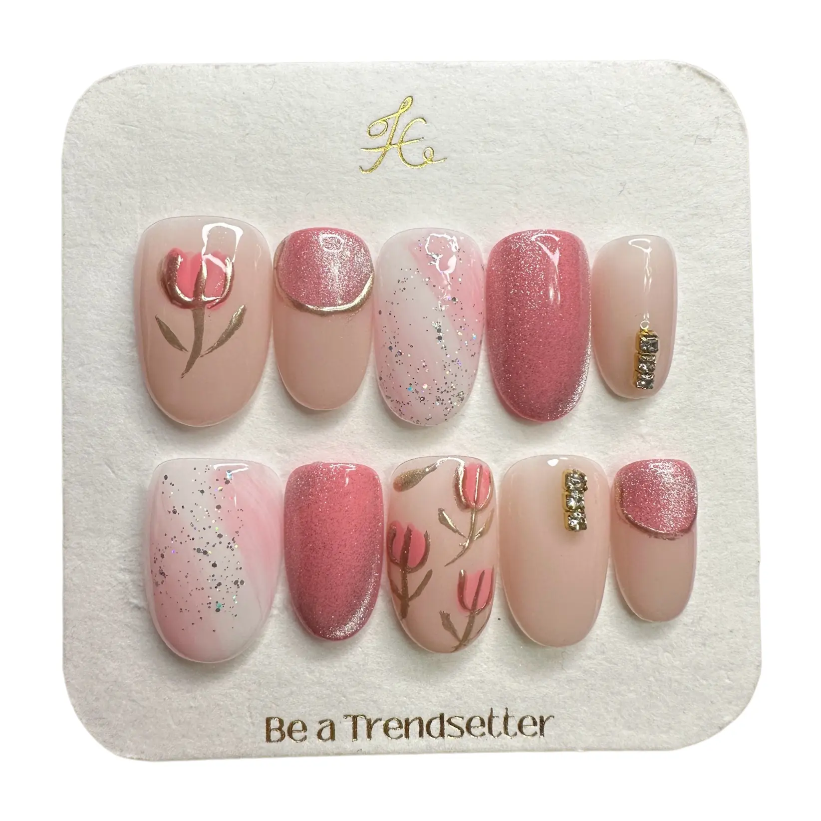 T16 Handmade Press-On Nails Sweet hand-painted tulips pure hand wear nails Gentle Nail art small fresh wear nail paste everything almond press black  lace  french  tip, Nail Design