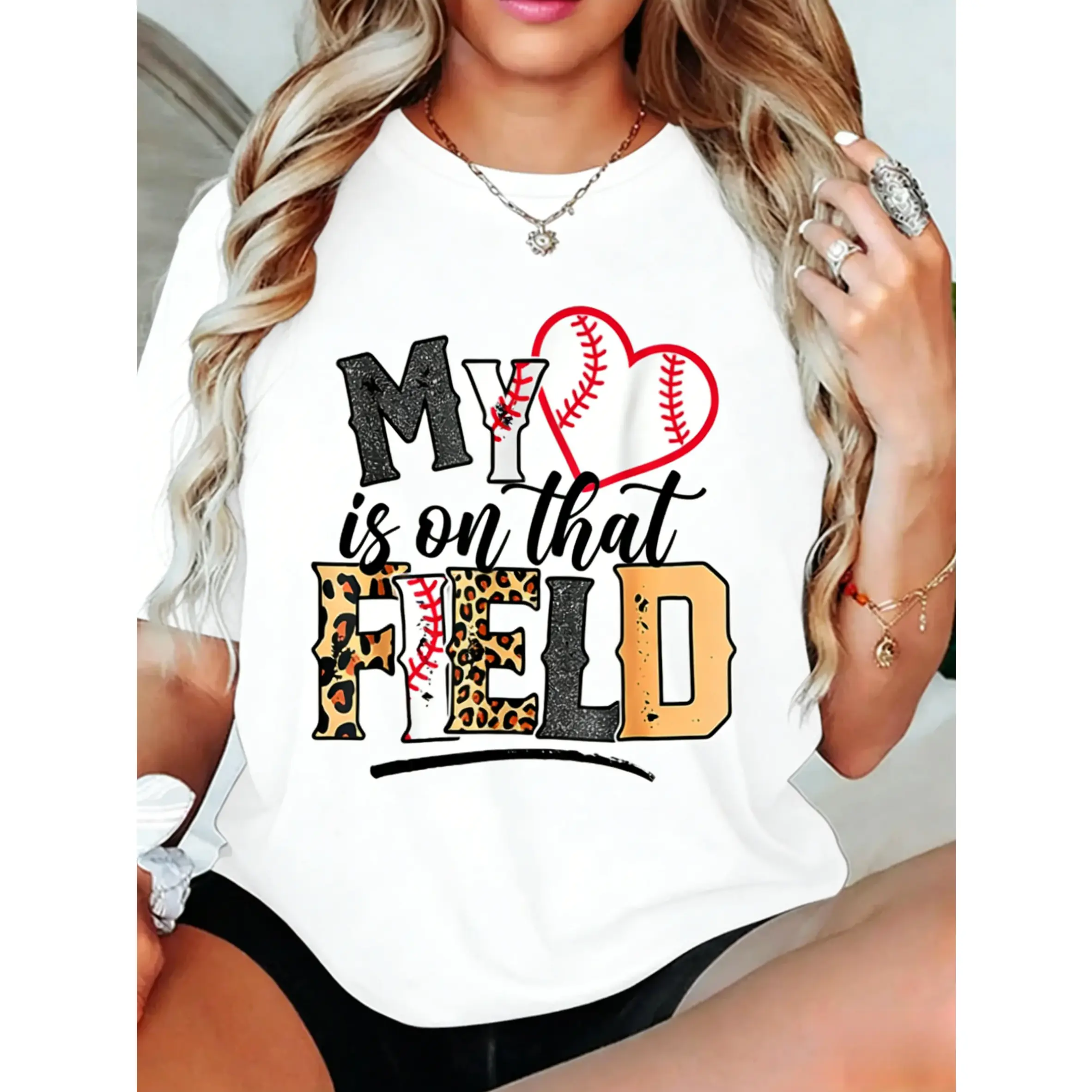 My Heart Is On That Field Mother's Day Baseball Mom Women T-Shirt Women T Shirt, Short Sleeve Round Neck Casual Top For Summer & Spring, Women's Clothing