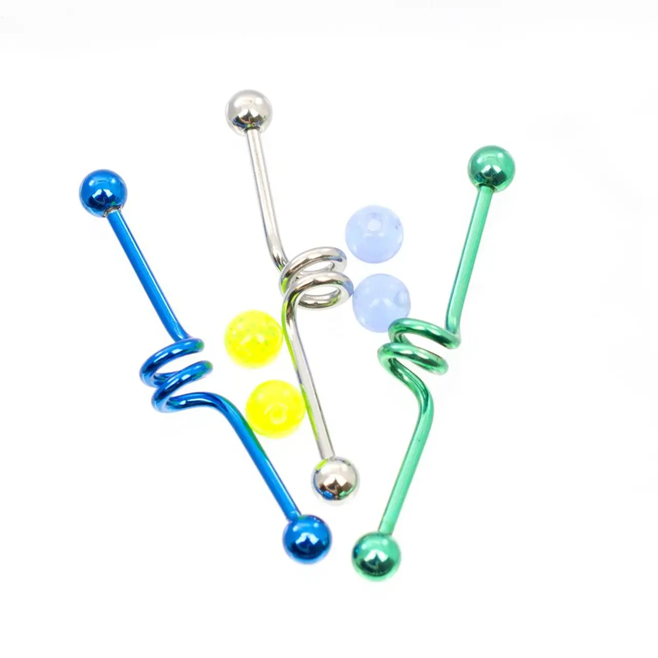 Pack of 3 Swirl Design Blue Steel and Green Surgical Steel Industrial Barbells with Extra Balls 14ga