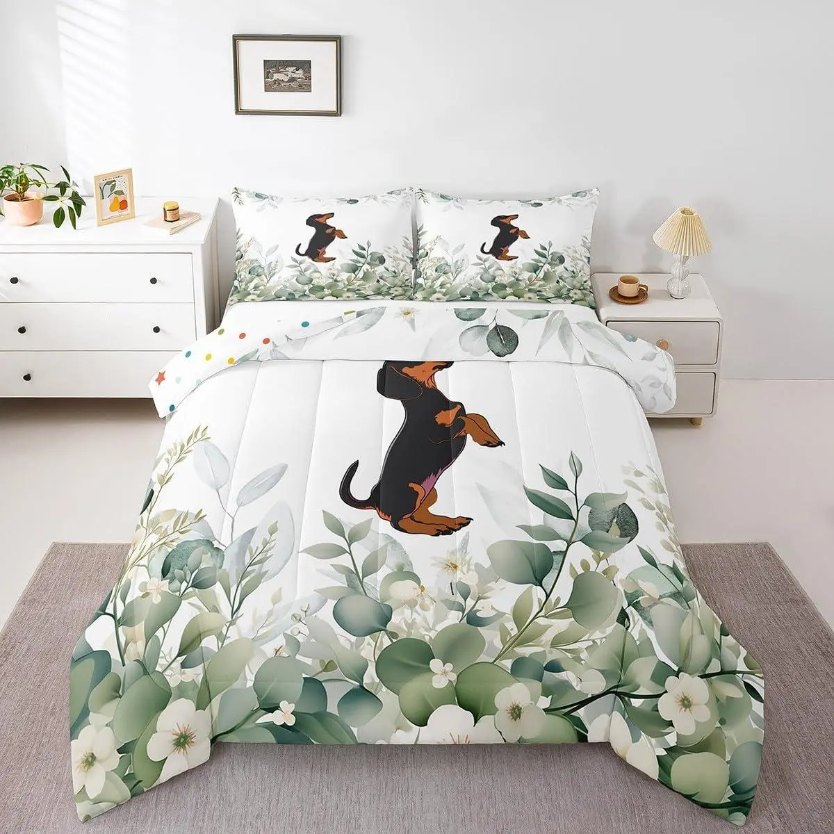 Cute Dachshund Comforter Set for Kids Child Green Eucalyptus Bedding Set,Pet Animal Down Comforter Botanical Plant Leaves Bed Set,Cartoon Dog Quilted Duvet