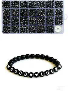 DIY Acrylic Beads Set, 1600pcs/200pcs, Letter/hat Beads, 4x7mm-6x6mm, Jewelry Making Kit, Elastic Thread & Storage Box Included, Letter Charm, Bead Assortment